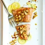 salmon almondine on a serving platter