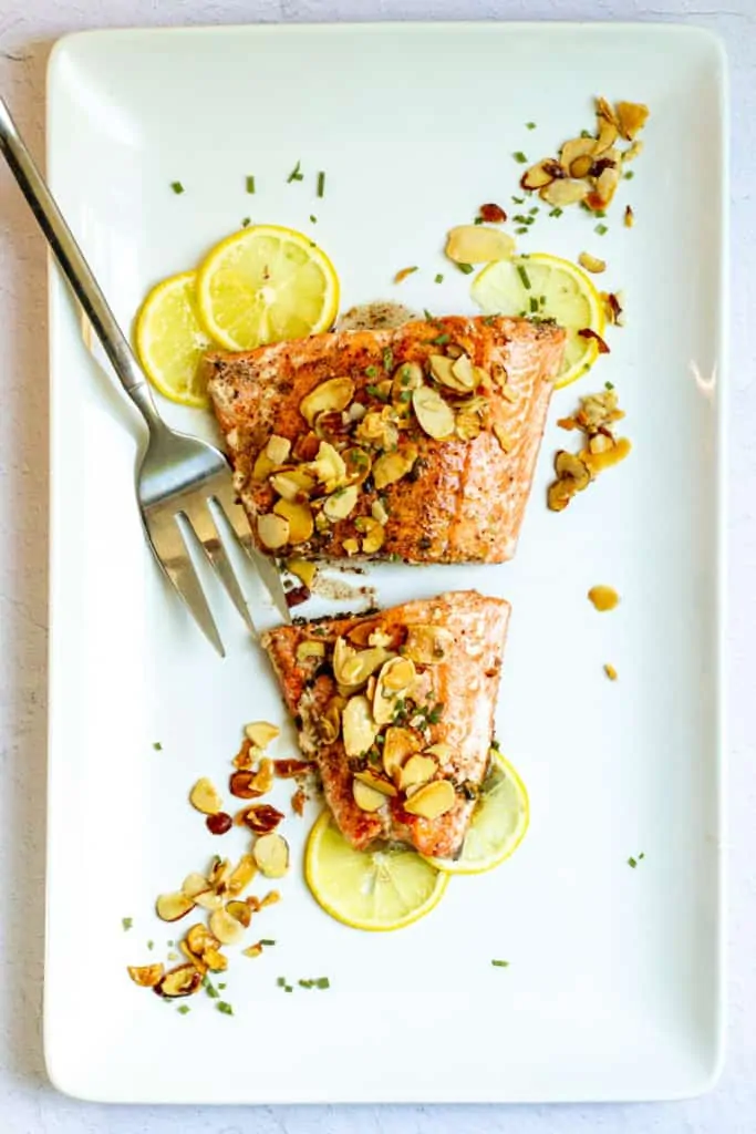 salmon almondine on a serving platter.