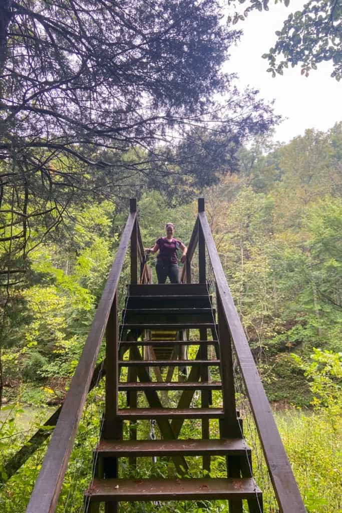 Stairs to the 1st Swinging Bridge with person on bridge.
