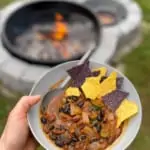 Campfire Chili in a bowl with tortilla chips