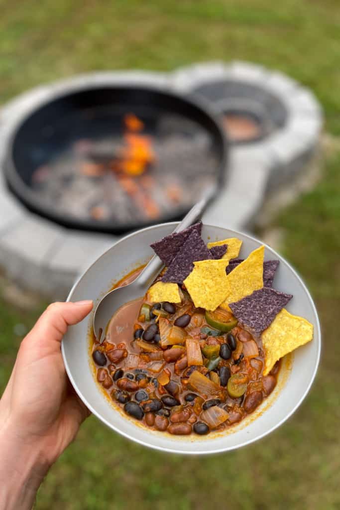Campfire Chili in a bowl with tortilla chips