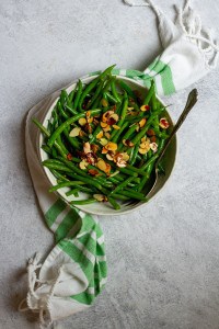 Toss Beans with Toasted Almonds (hericot vert salad in a bowl)