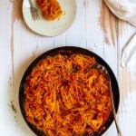 spaghetti squash marinara in a pan and on a plate