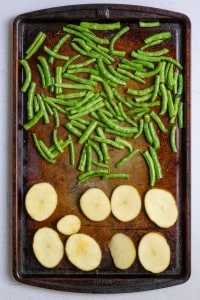 Add Potatoes + Green Beans to Baking Sheet