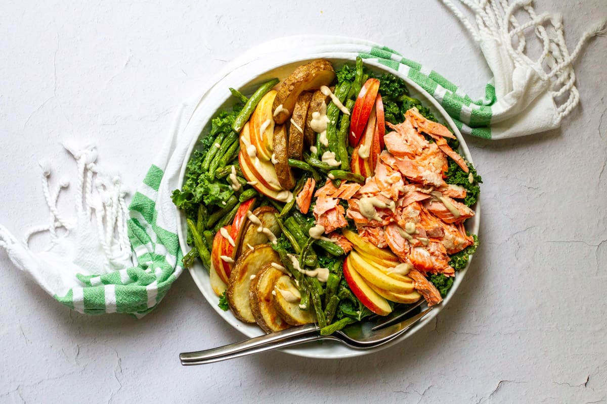 Salmon Kale Salad with Tahini Dressing - Champagne Tastes®