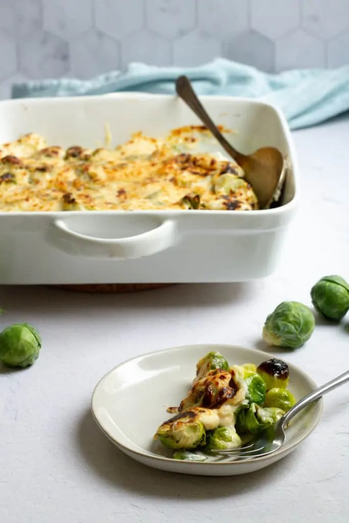 Brussels Sprouts Gratin in a casserole dish + on a plate