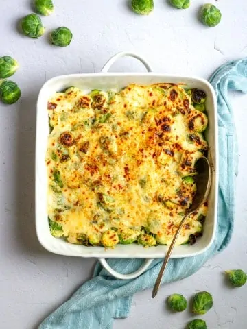Brussels Sprouts Gratin in a casserole dish