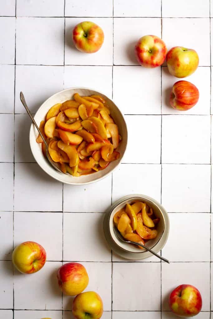 Bourbon Apples in a bowl and serving bowl
