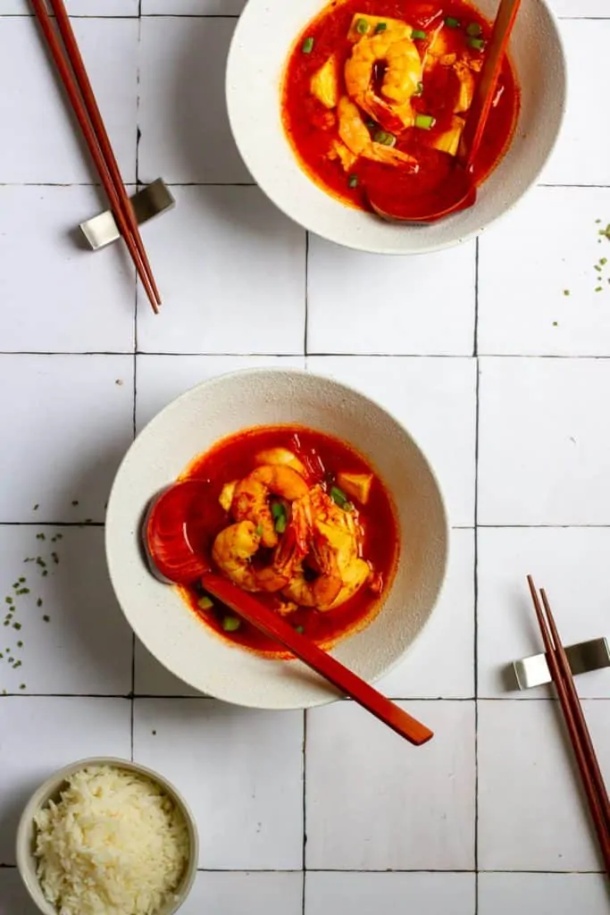 Kimchi Seafood Soup in Bowls