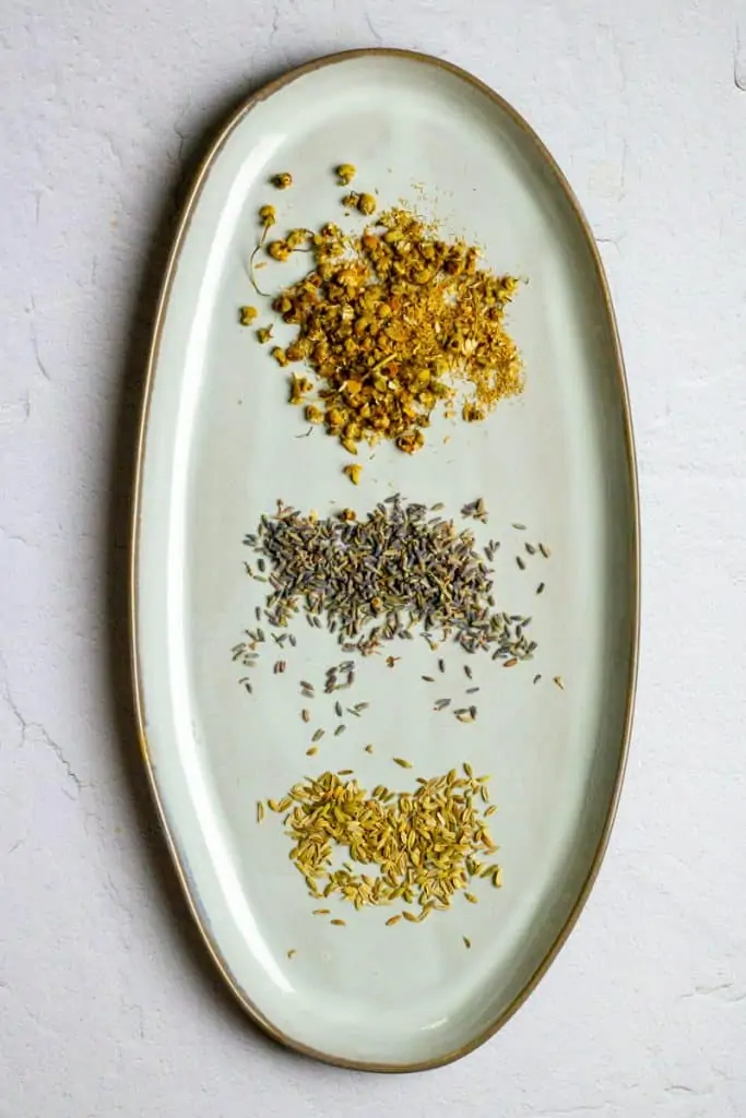 Pictured (Top to Bottom): Dried Chamomile, Dried Lavender, Fennel Seed