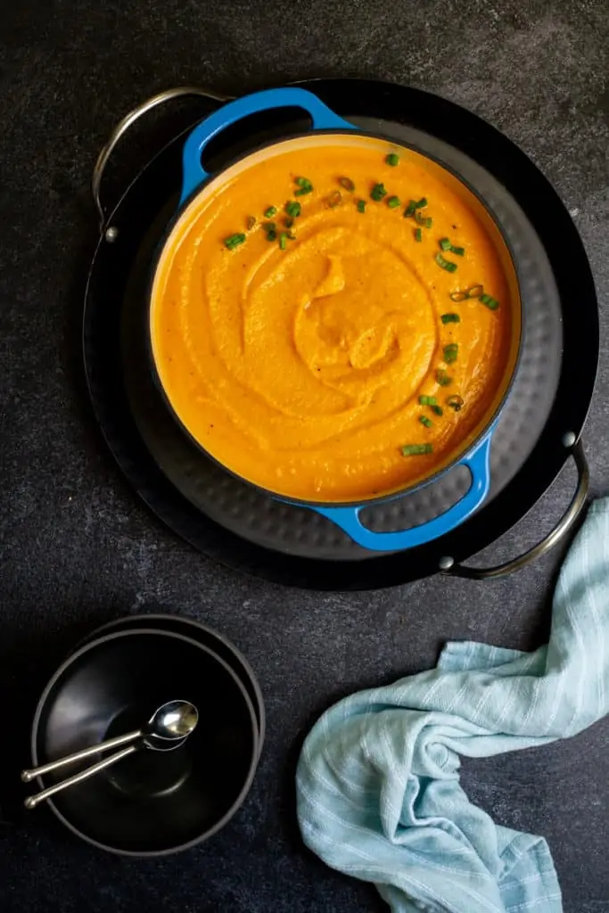 roasted kabocha squash soup in a Dutch oven