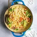 salmon broccoli pasta in a serving dish