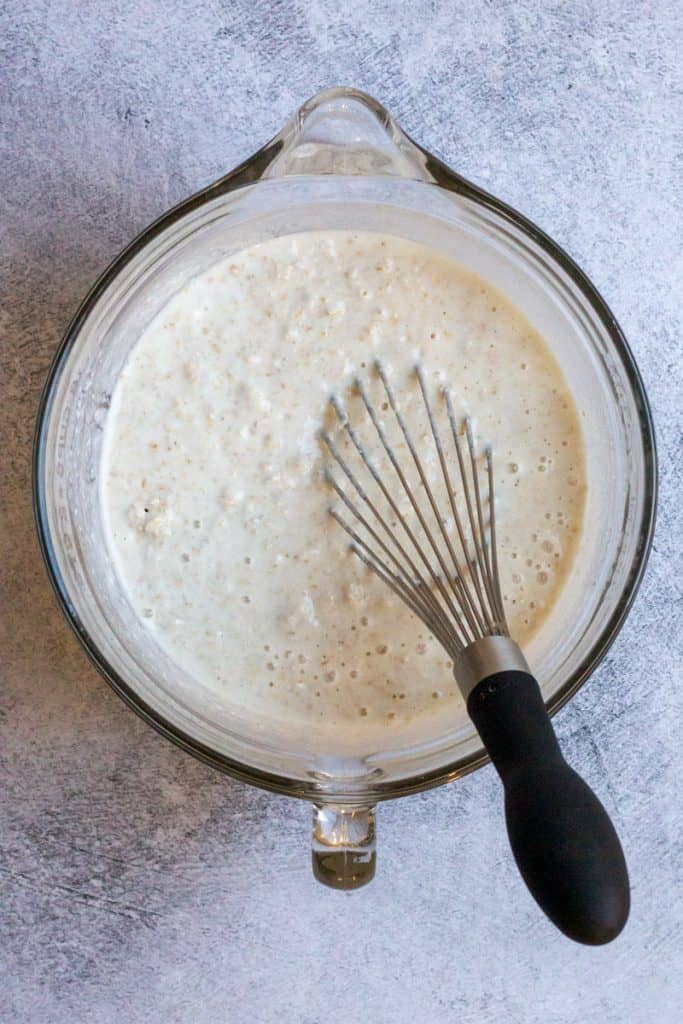Mix the Starter, Flour, Oats, Sugar + Kefir (or Buttermilk)