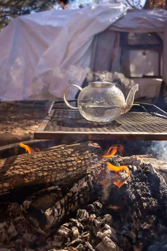 Glass Teapot over Campfire.
