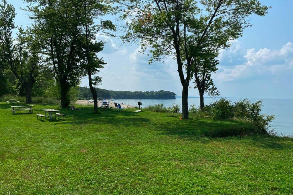 View of beach and lake at Evangola State Park
