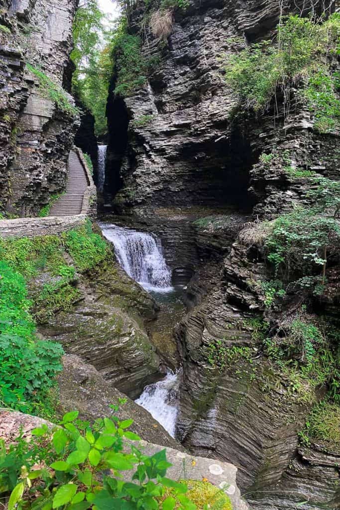 View of staircase and multiple waterfalls at Glen Watkins State Park