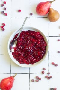 cranberry pear sauce in a serving bowl.