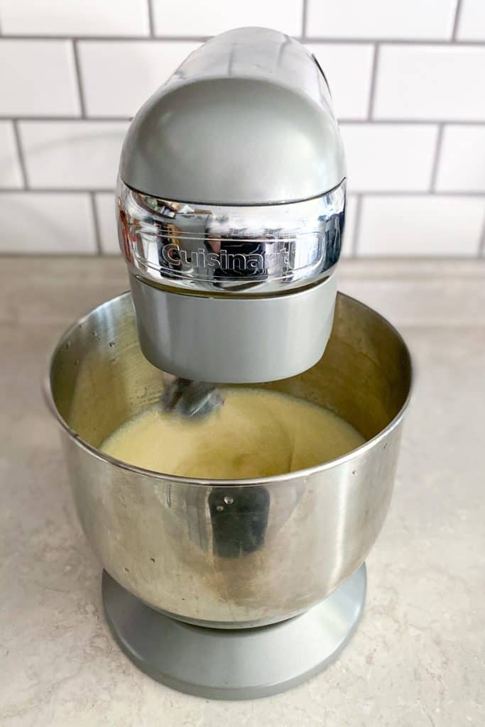 Whisking Eggnog in a Stand Mixer Basin.