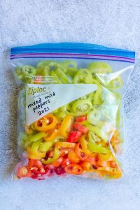 Sliced Frozen Peppers in a Freezer Bag.