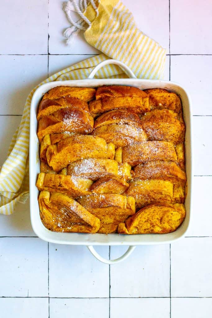 pumpkin french toast bake in a casserole dish.