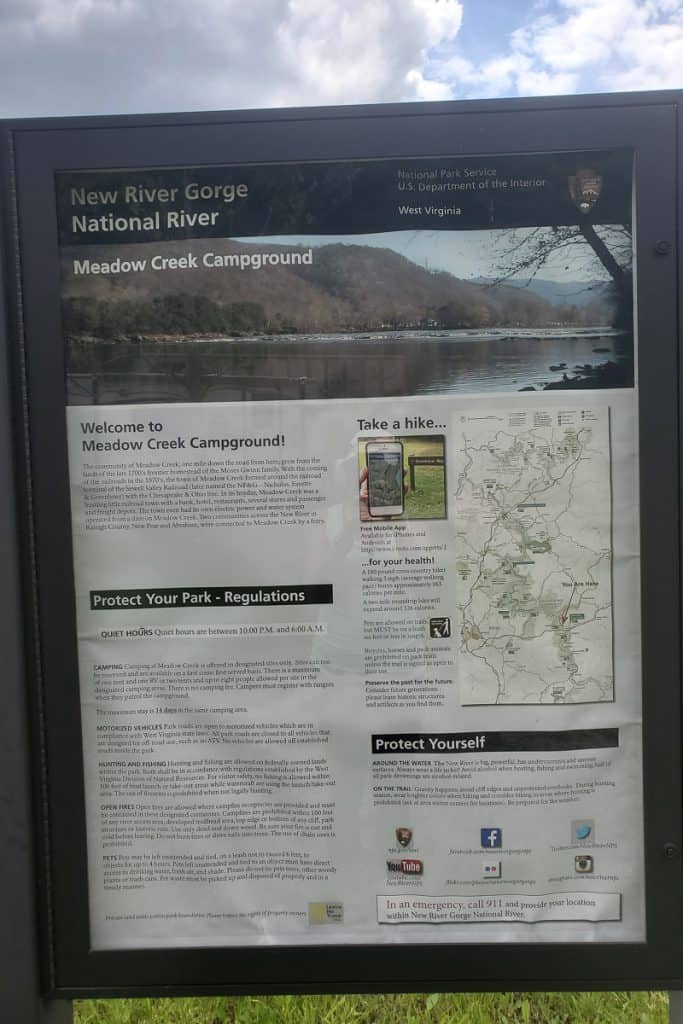 Meadow Creek Campground information board,  a free camping site in New River Gorge
