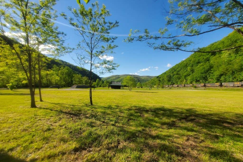Trees and hills at Meadow Creek, a free camping site in New River Gorge