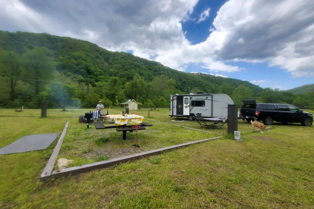RV parked at free camping site in New River Gorge