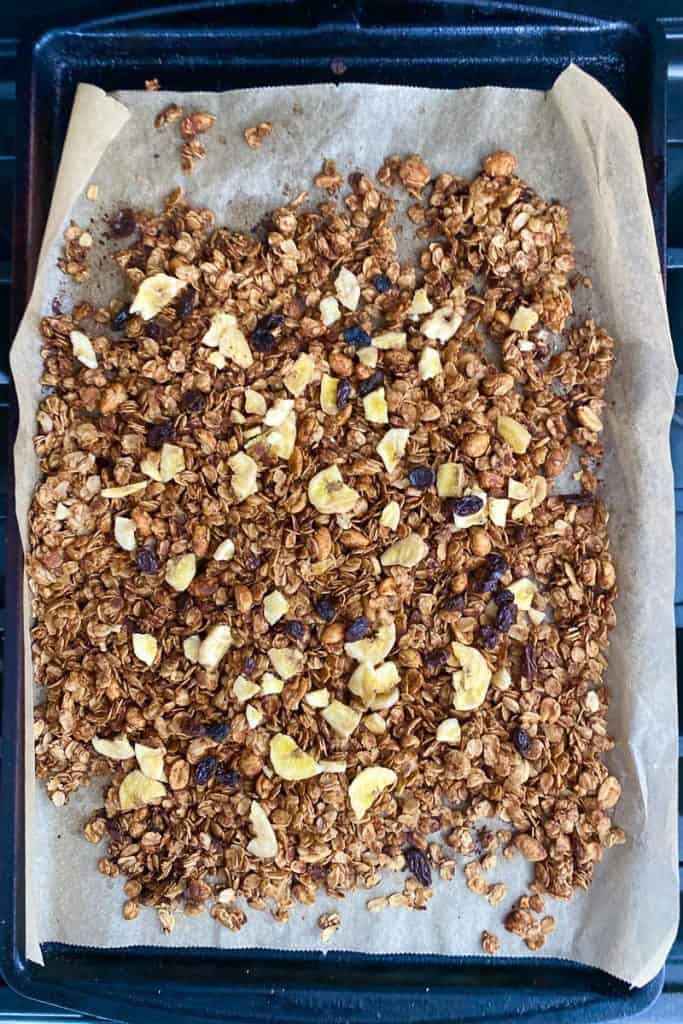 Granola with Banana Chips and Raisins Sprinkled on Top.