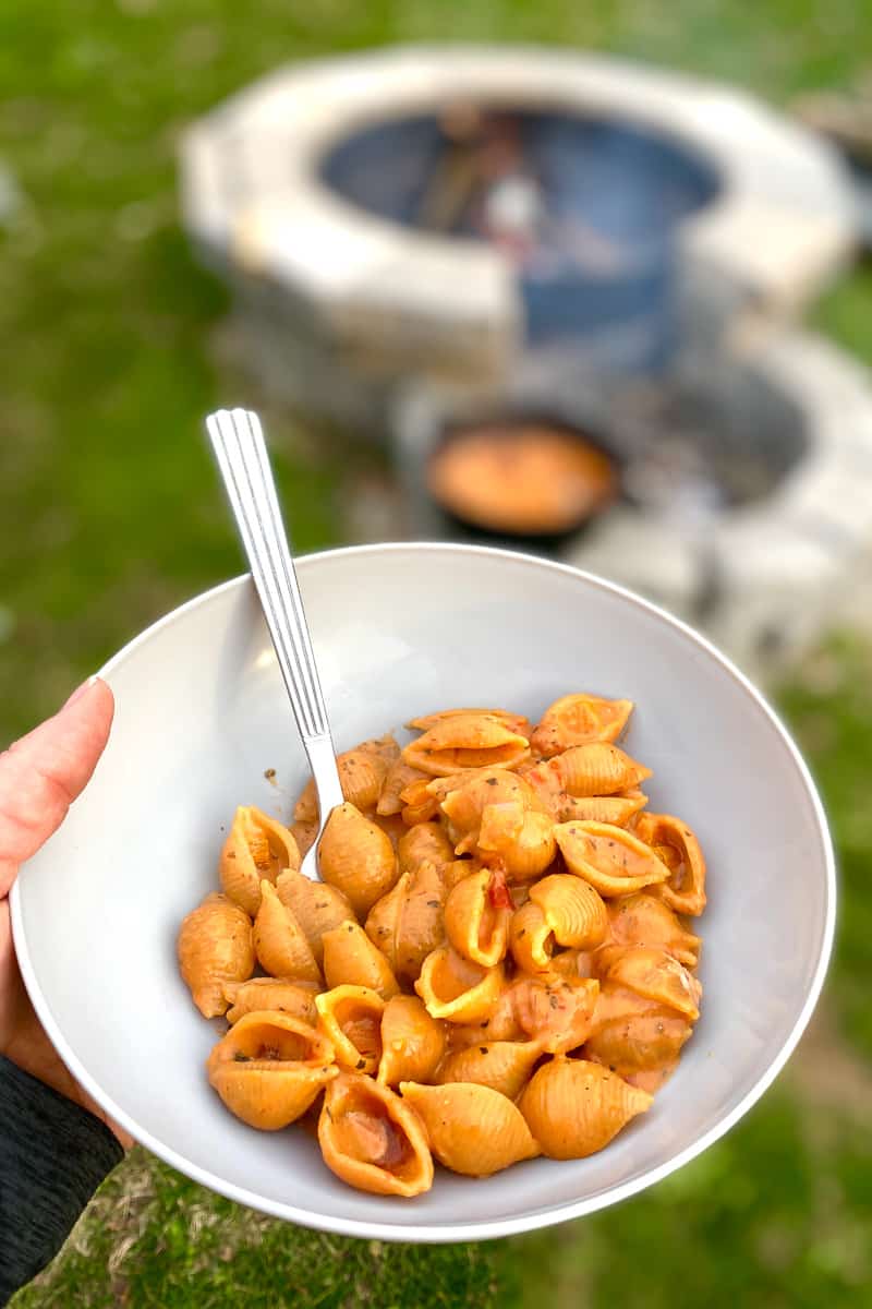 Campfire pasta with vodka cream sauce in a bowl.