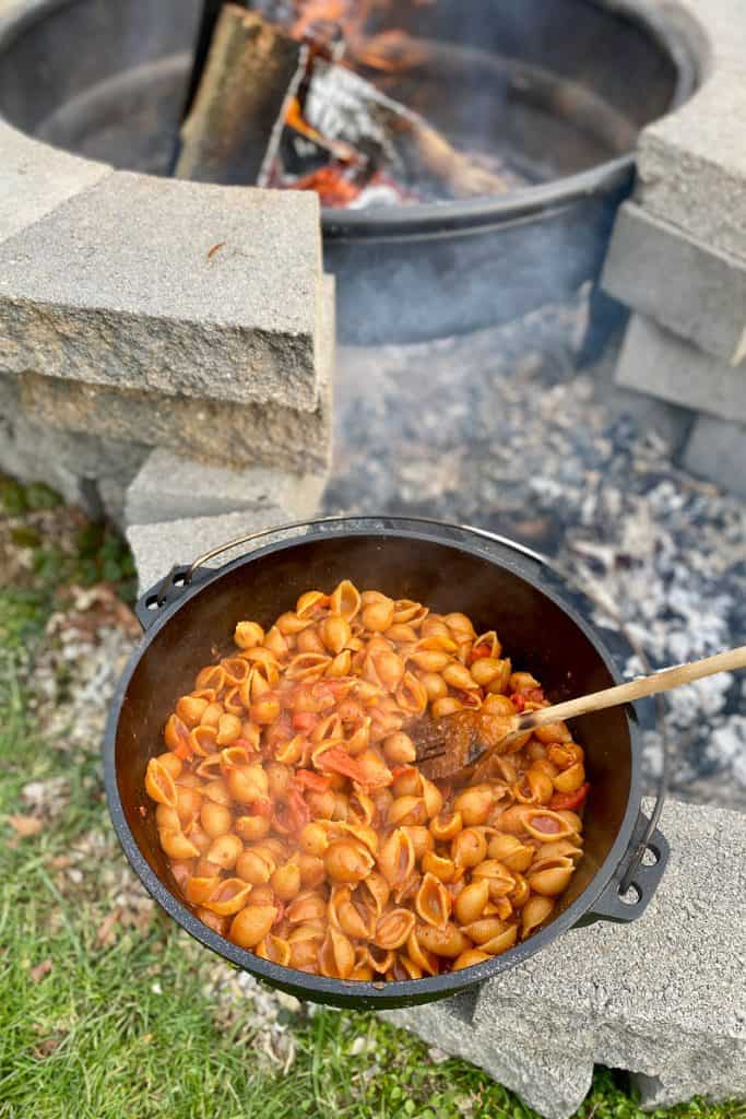Remove dutch oven from fire when pasta is tender.