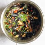 steamed mussels in a stockpot.