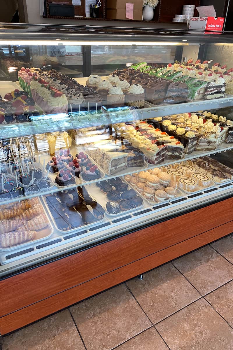 display case at european delights bakery.
