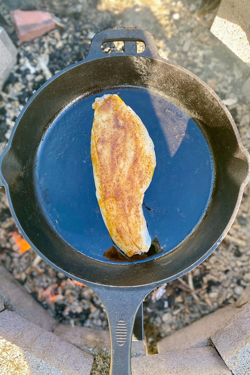 Seasoned fish cooking in pan on hot campfire grate over coals.