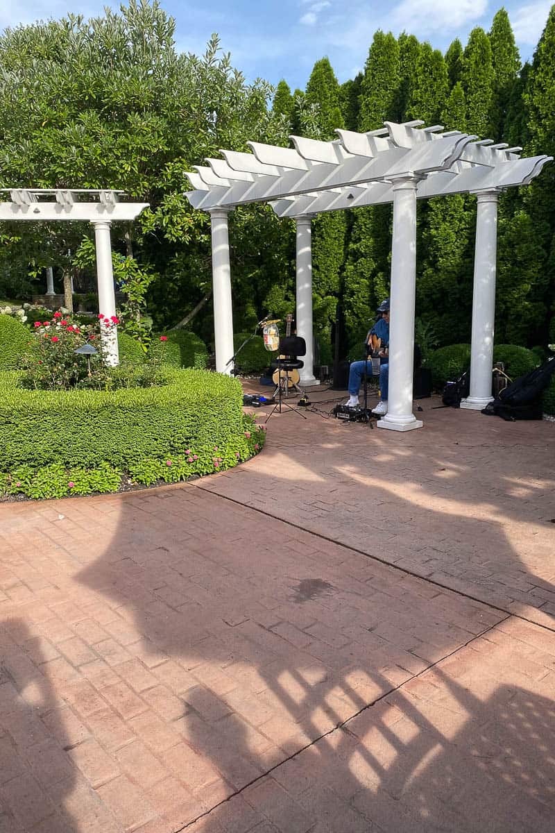 Guitarist performing live music on patio.