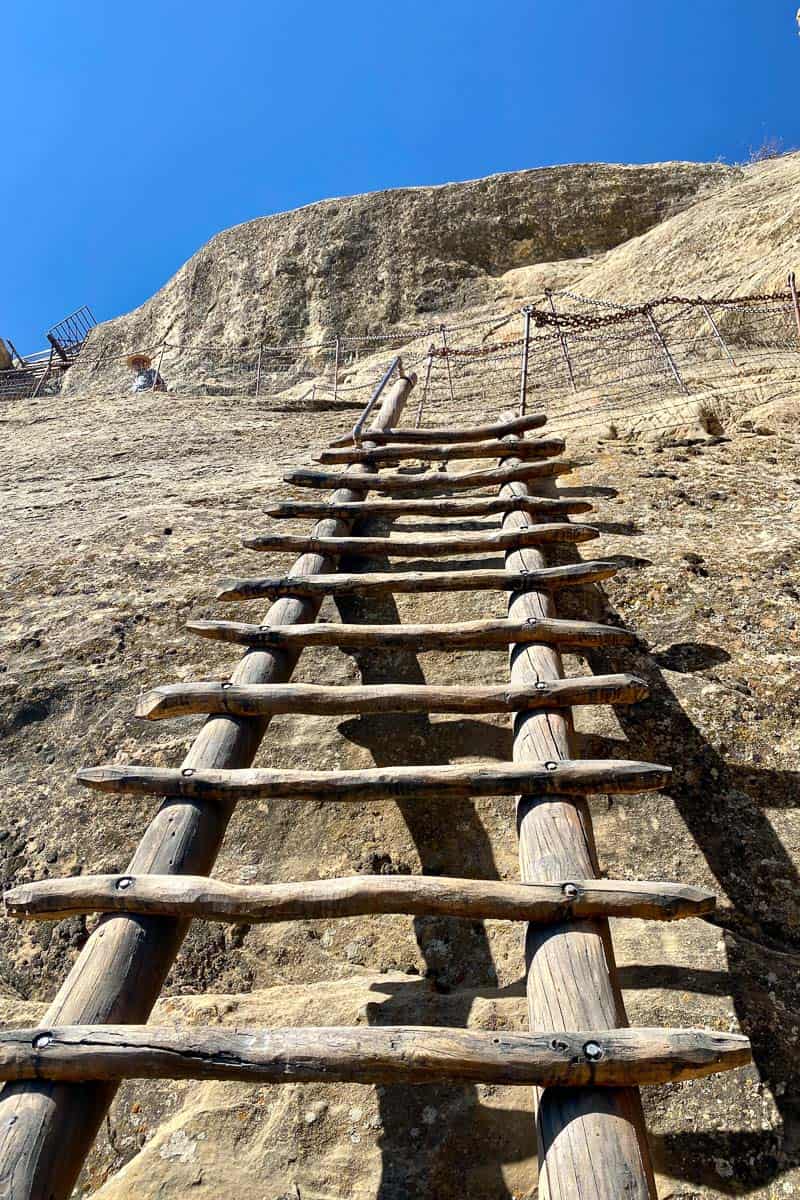 Wooden ladder leaning against stone face.