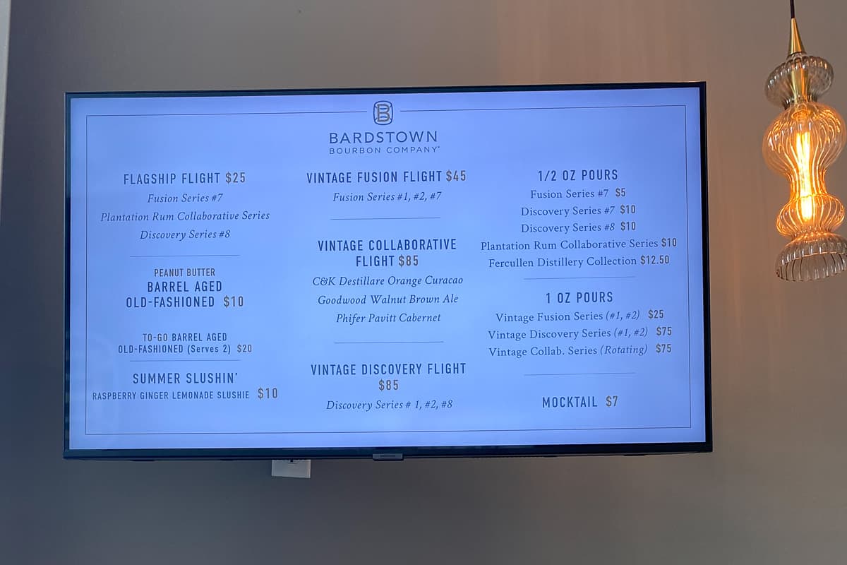 Bardstown Bourbon Company menu of flights.