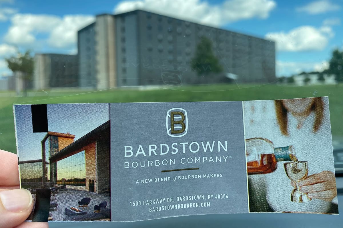 Bardstown Bourbon Company tour ticket with rickhouses in background.