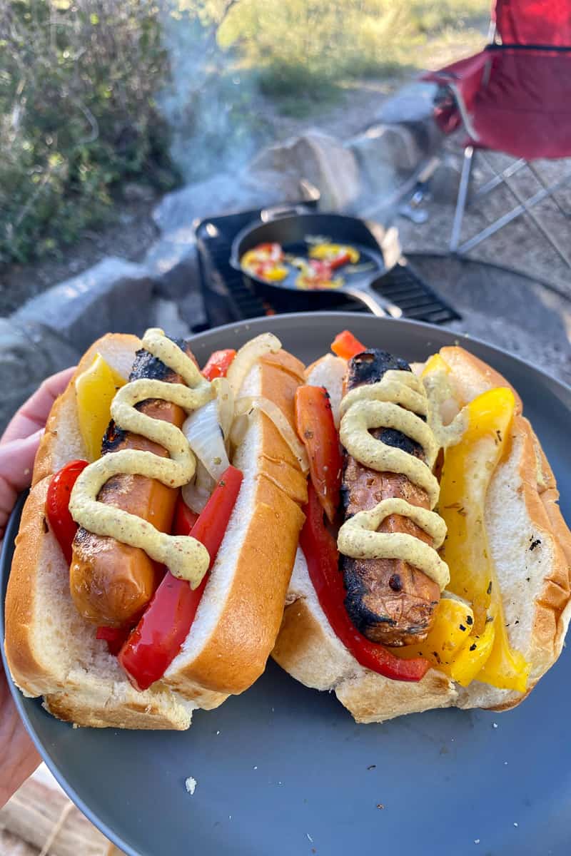 Hot dogs in buns with onions, peppers, and mustard on plate.