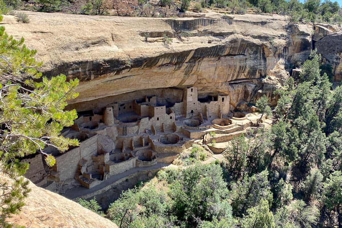 Cliff Palace at Mesa Verde viewed from above.