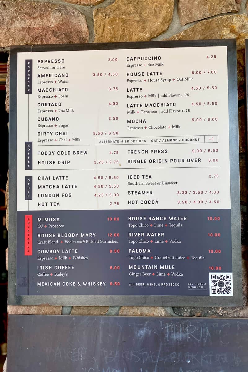 Coffee and cocktail menu at Root House.