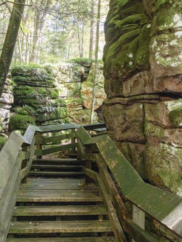 Wooden stairs between rock cliff faces.