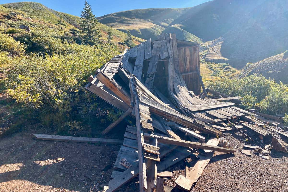 Small collapsed cabin on hillside of Elk Creek Trail.