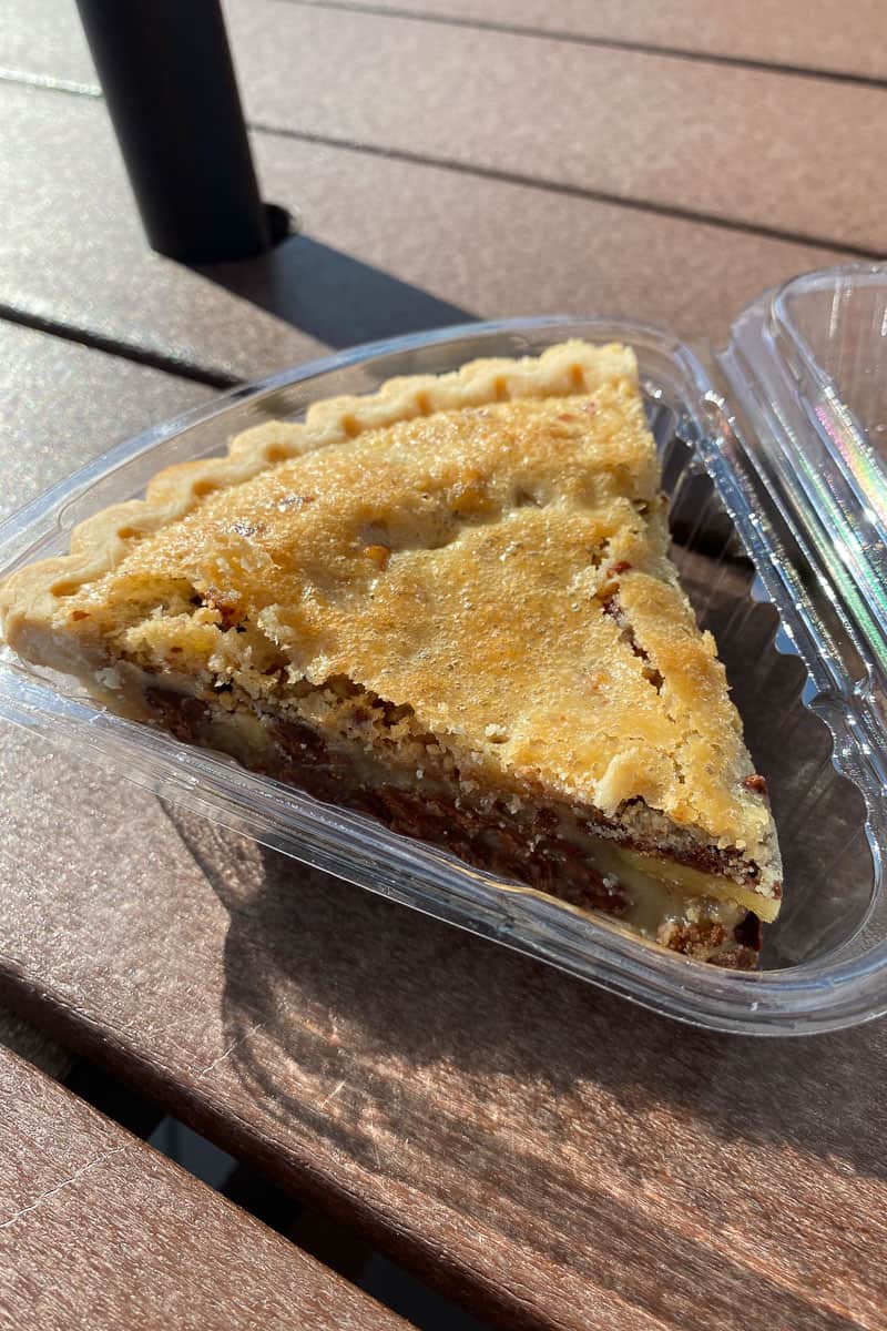 Slice of Dewster's Kentucky pie, made with chocolate, nuts, and bourbon.
