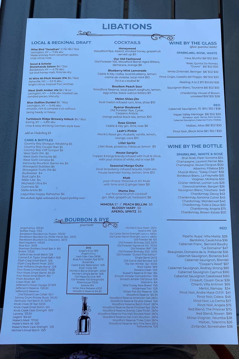 Drinks menu at Honeywood.