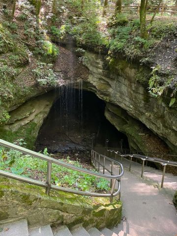 Historic Entrance to Mammoth Cave with staircase and railings.