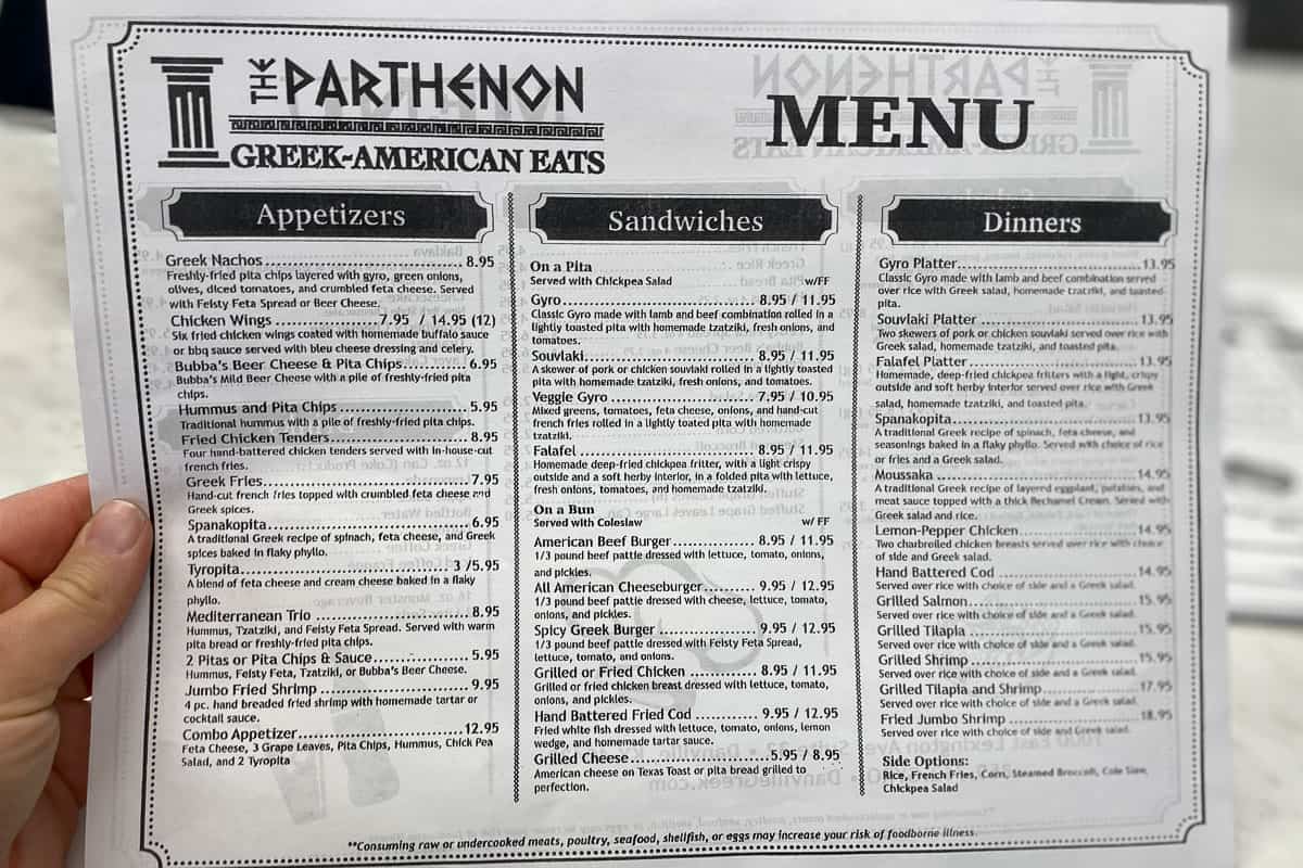Menu at The Parthenon Greek-American Eats.