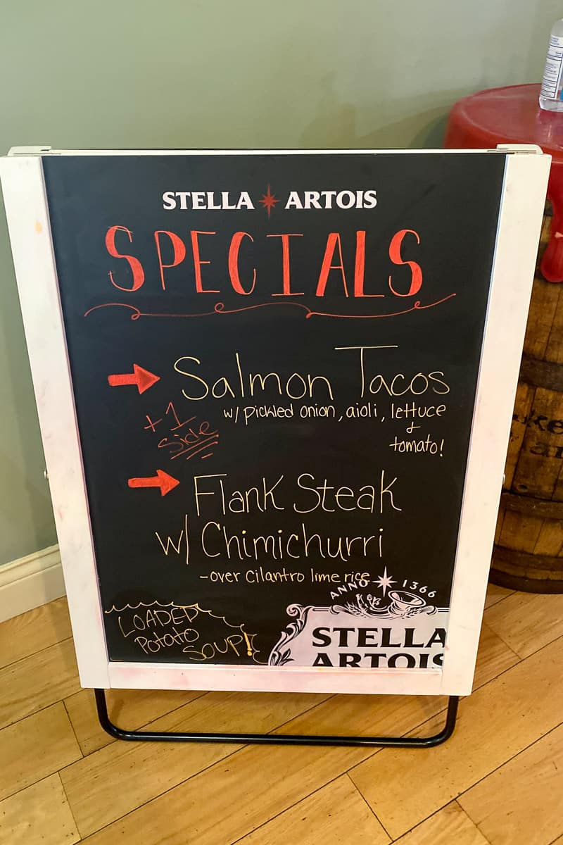 Specials listed on chalkboard.
