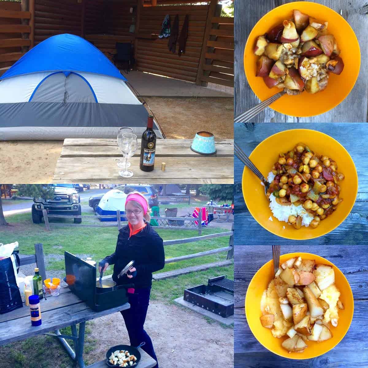 Collage of photos showing tent with tarp over it, woman cooking a meal on a camp stove, and three bowls of food.