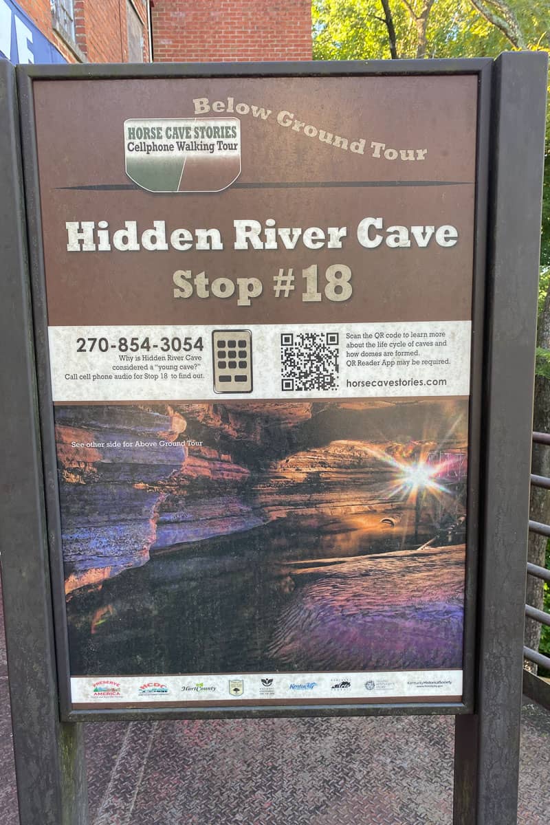Sign for cell phone tour stop about Hidden River Cave.