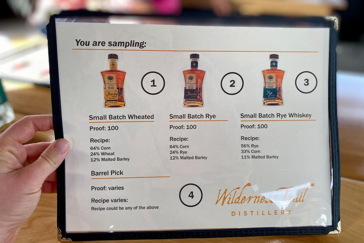 Page displaying mash bills and proof of three bourbon samples.